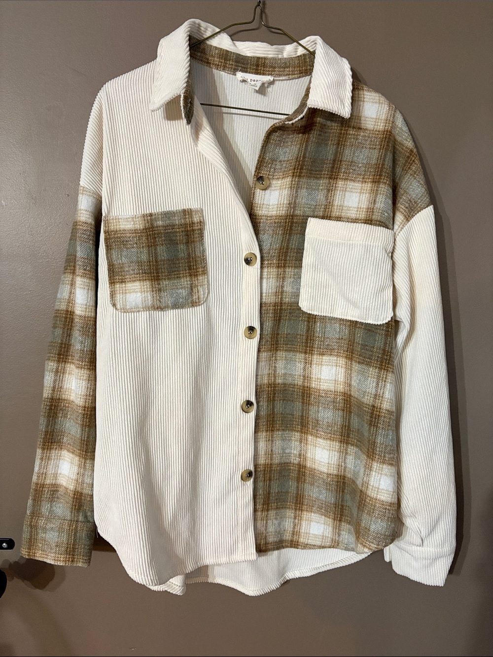 Blu Pepper Patchwork Plaid Corduroy Button- Down shirt.